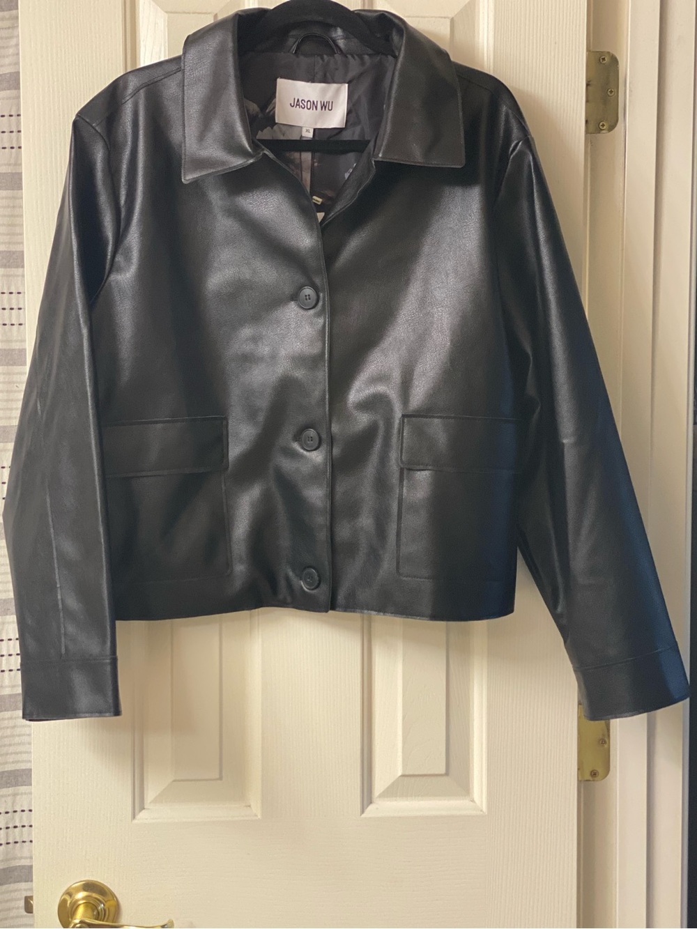 Jason Wu Black Faux Leather Cropped Button Down Lined Jacket Size XL NWT